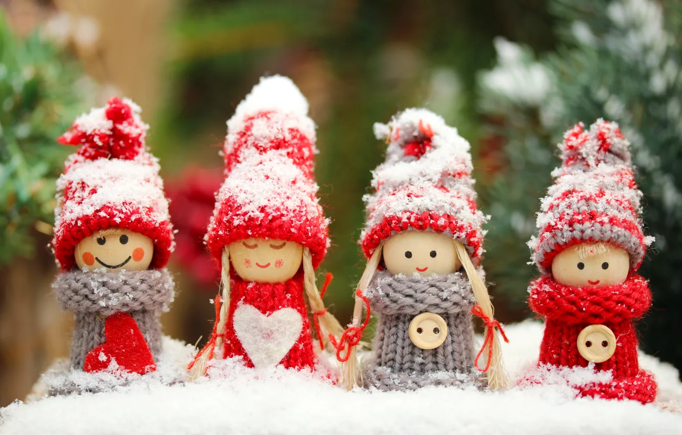 Фото обои снег, ветки, игрушки, Новый Год, Рождество, пуговицы, Christmas, фигурки