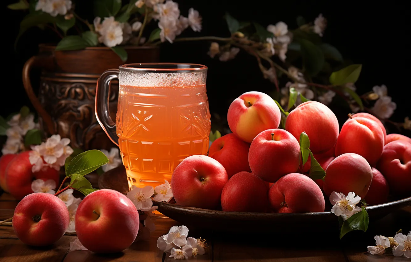Фото обои яблоки, кружка, напиток, натюрморт, яблочный, сидр, ИИ-арт, нейросеть