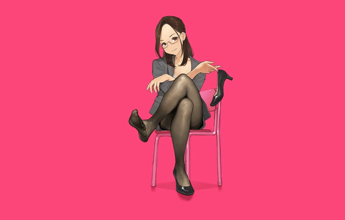 Фото обои long hair, minimalism, stockings, chair, glasses, smiling, office, sitting