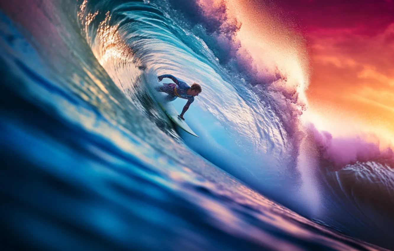 Фото обои sunsets, man, surfer, catching, big wave