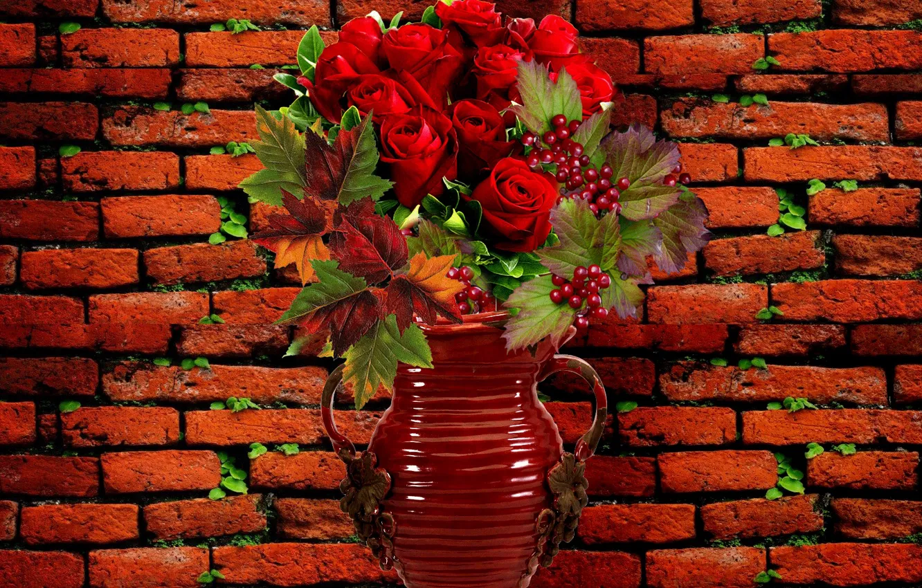 Фото обои цветы, фон, стена, розы, Натюрморт, обложка