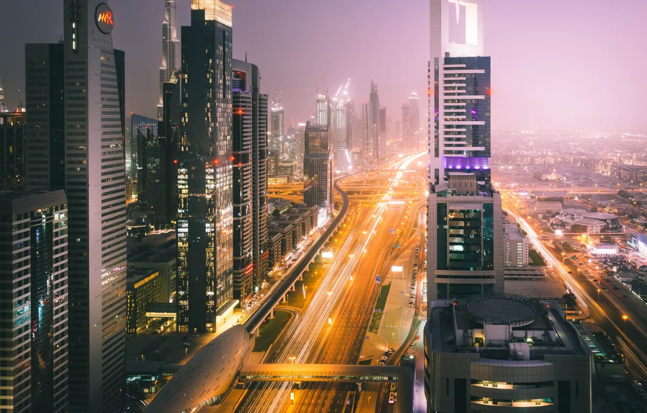 Фото обои огни, улица, вечер, Дубай, ОАЭ