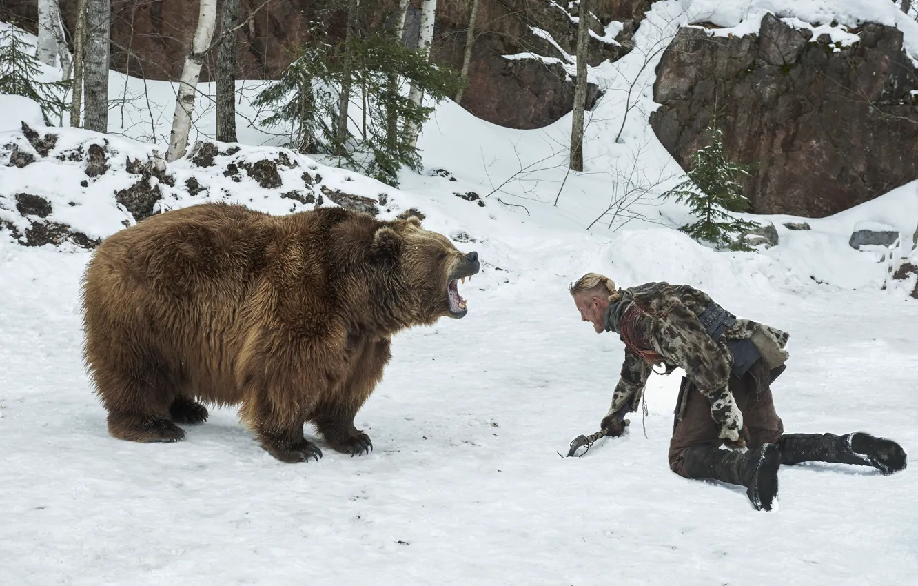 Фото обои медведь, поединок, Vikings, Викинги, Alexander Ludwig, Бьёрн