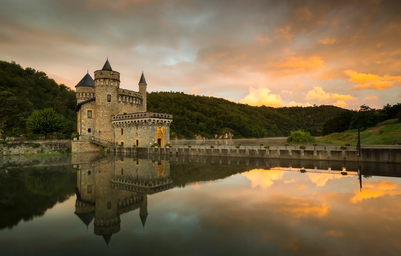 Фото обои закат, мост, замок, Франция, водоем