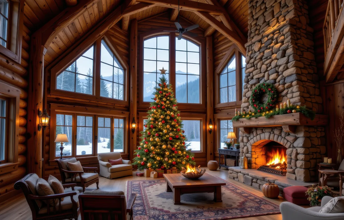 Фото обои зима, шарики, снег, комната, ковер, мебель, новый год, интерьер