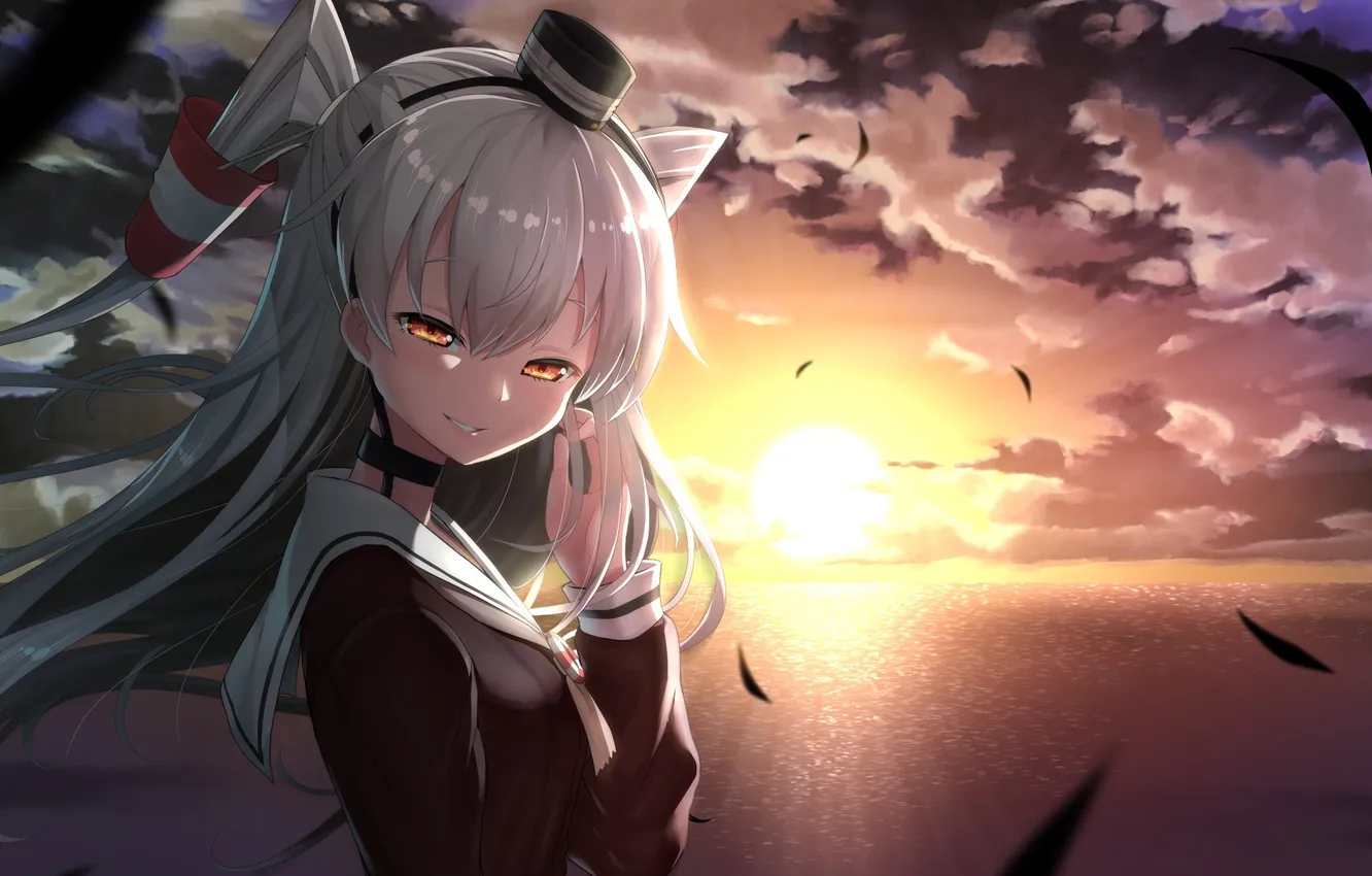 Фото обои море, девушка, закат, улыбка, перья, арт, kantai collection, amatsukaze