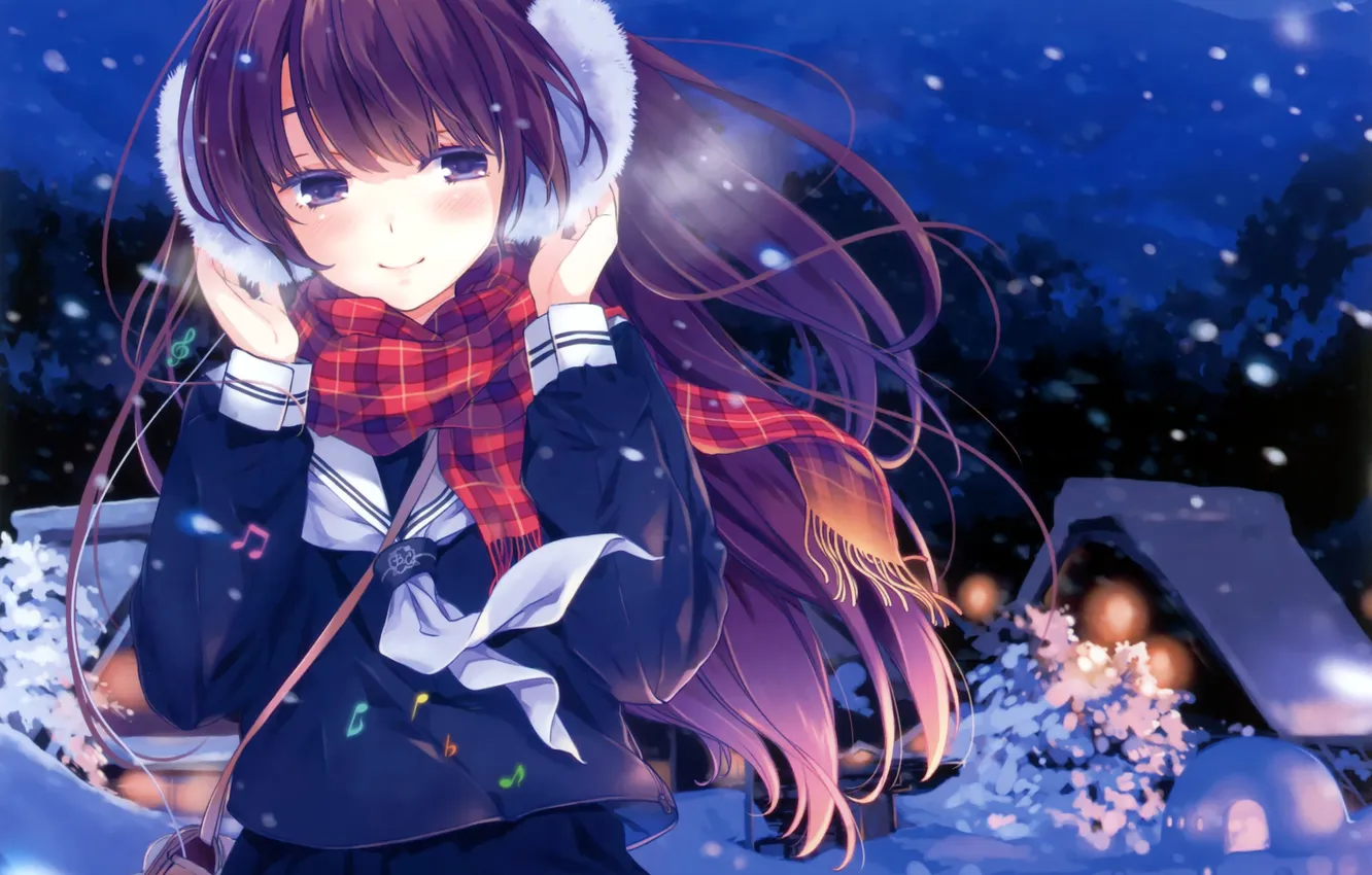 Фото обои зима, девушка, снег, деревья, горы, ночь, дома, аниме