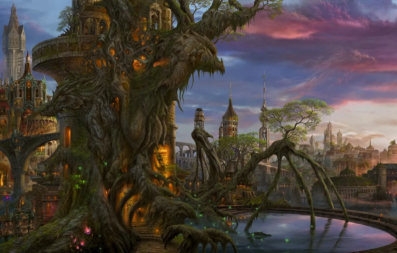 Фото обои облака, город, дерево, драконы, огоньки, арт, водоем, ucchiey