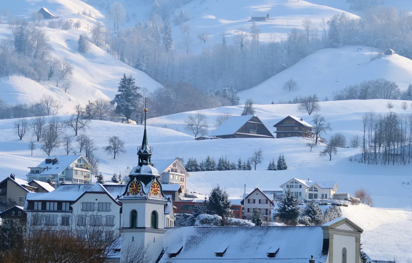 Фото обои зима, снег, горы, дома, городок, альпы, ратуша