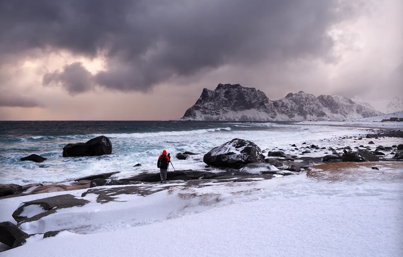 Фото обои море, шторм, берег, Norway, Nordland, Haukland