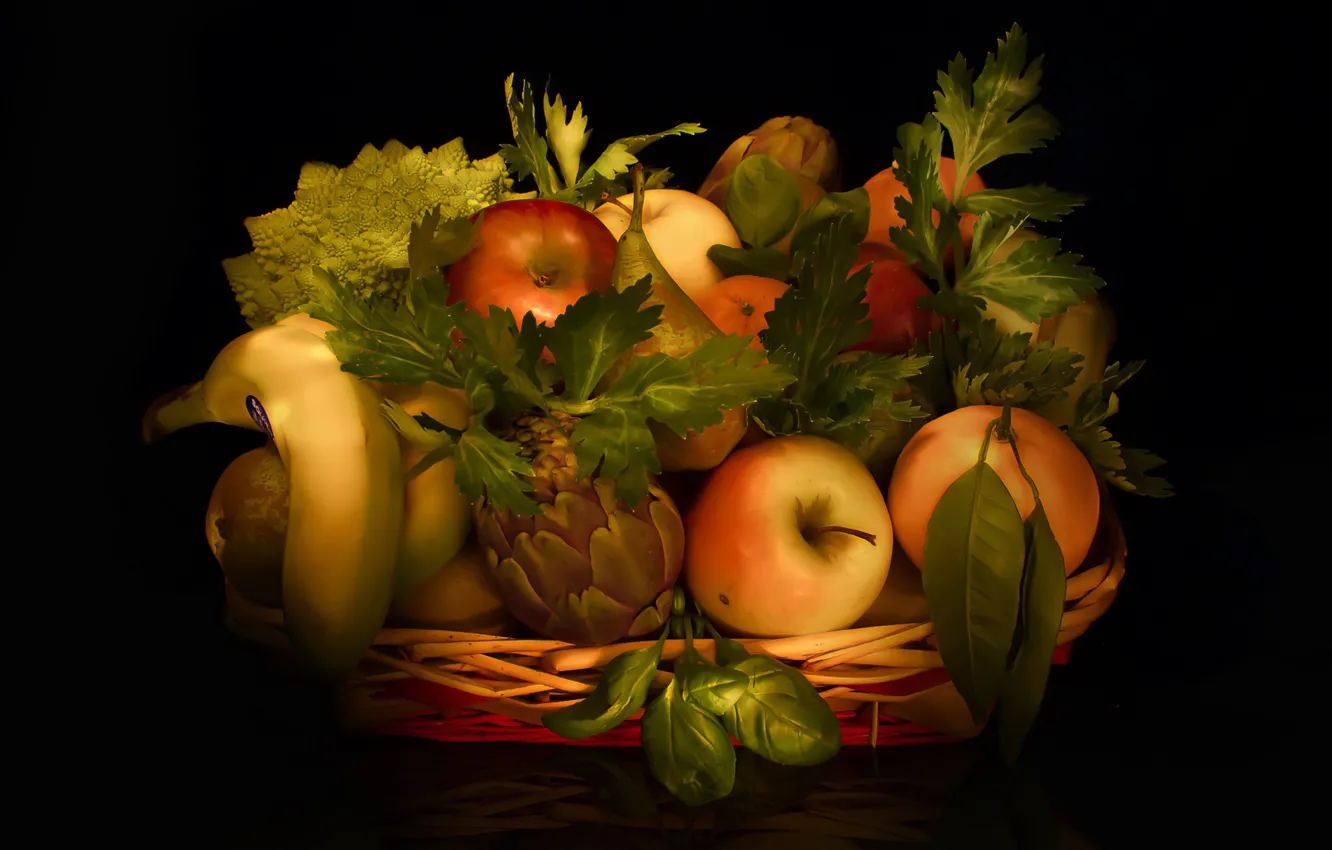 Фото обои листья, яблоко, апельсин, натюрморт, банан, цитрусы, грушa