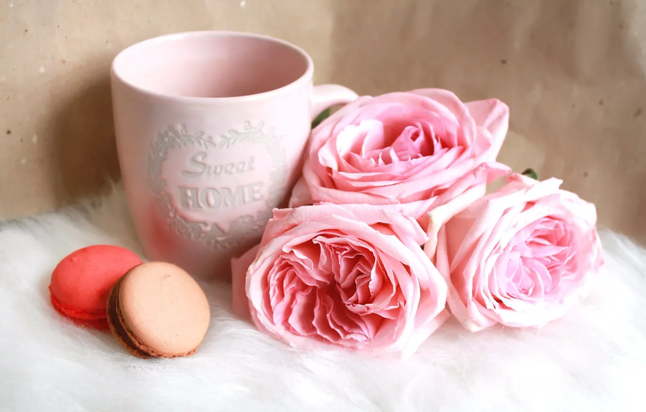 Фото обои цветы, розовый, розы, макарони, пироженные