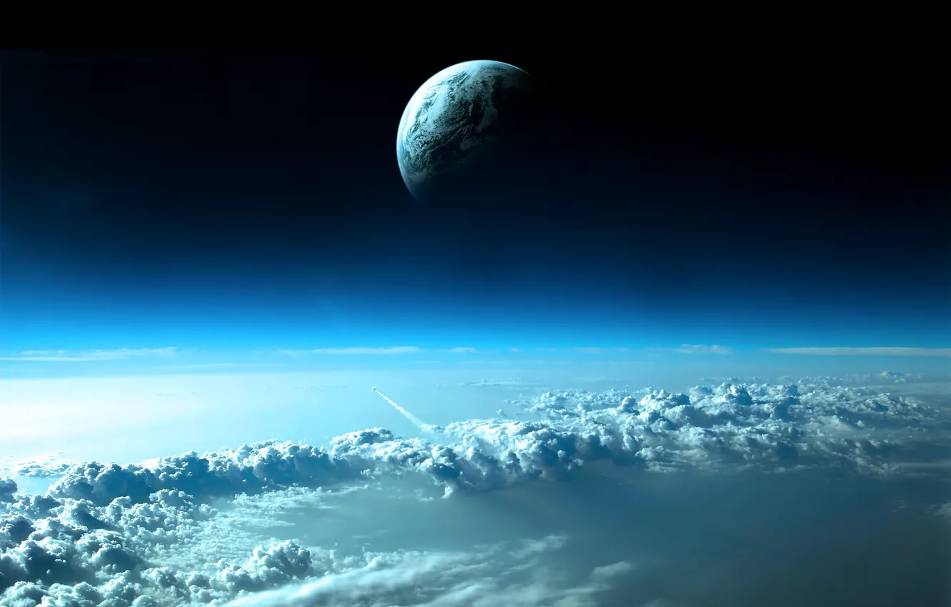 Фото обои небо, космос, облака, планета, ракета