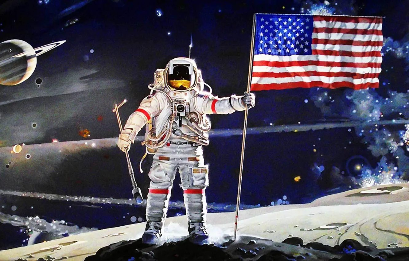 Фото обои Луна, флаг, США, Америка, Apollo