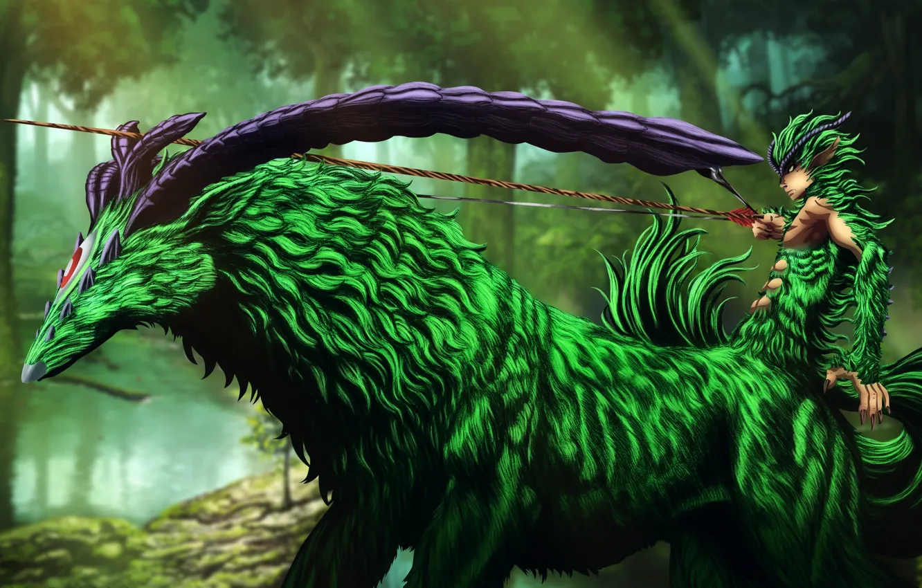 Фото обои green, horns, Berserk, evil, bow, warrior, archer, arrow