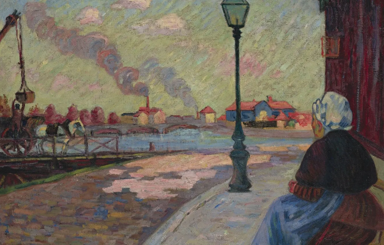 Фото обои река, улица, картина, фонарь, городской пейзаж, Арман Гийомен, Armand Guillaumin, Сена в Шарантоне