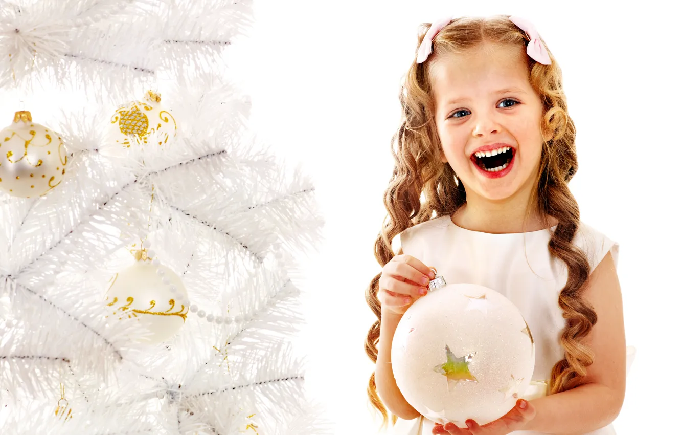 Фото обои дети, улыбка, подарок, елка, ребенок, Новый Год, Рождество, девочка