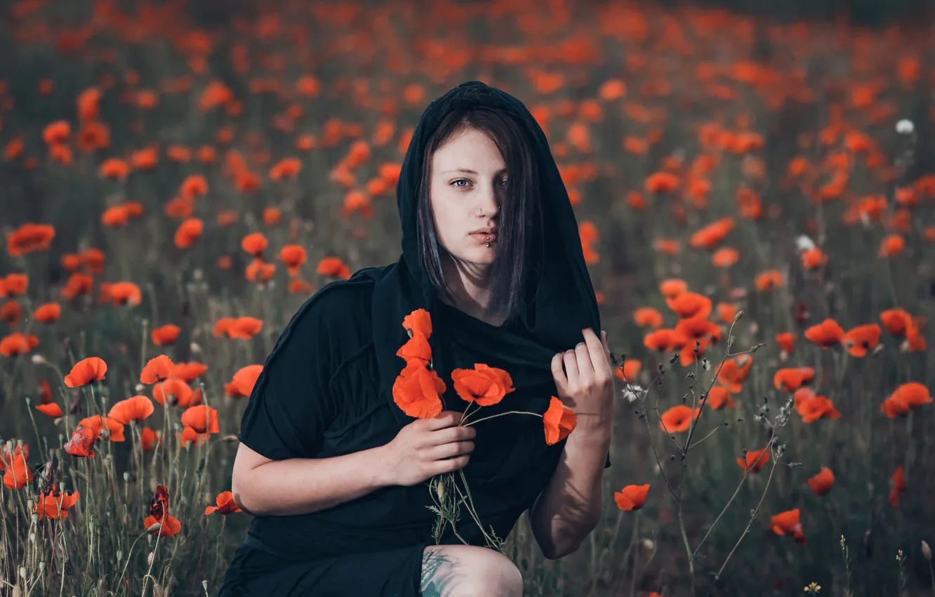 Фото обои взгляд, девушка, цветы, природа, поза, маки, портрет, пирсинг