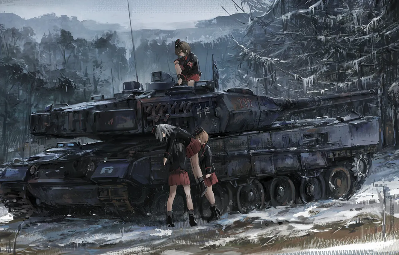 Фото обои battlefield, girl, game, forest, blizzard, war, anime, snow