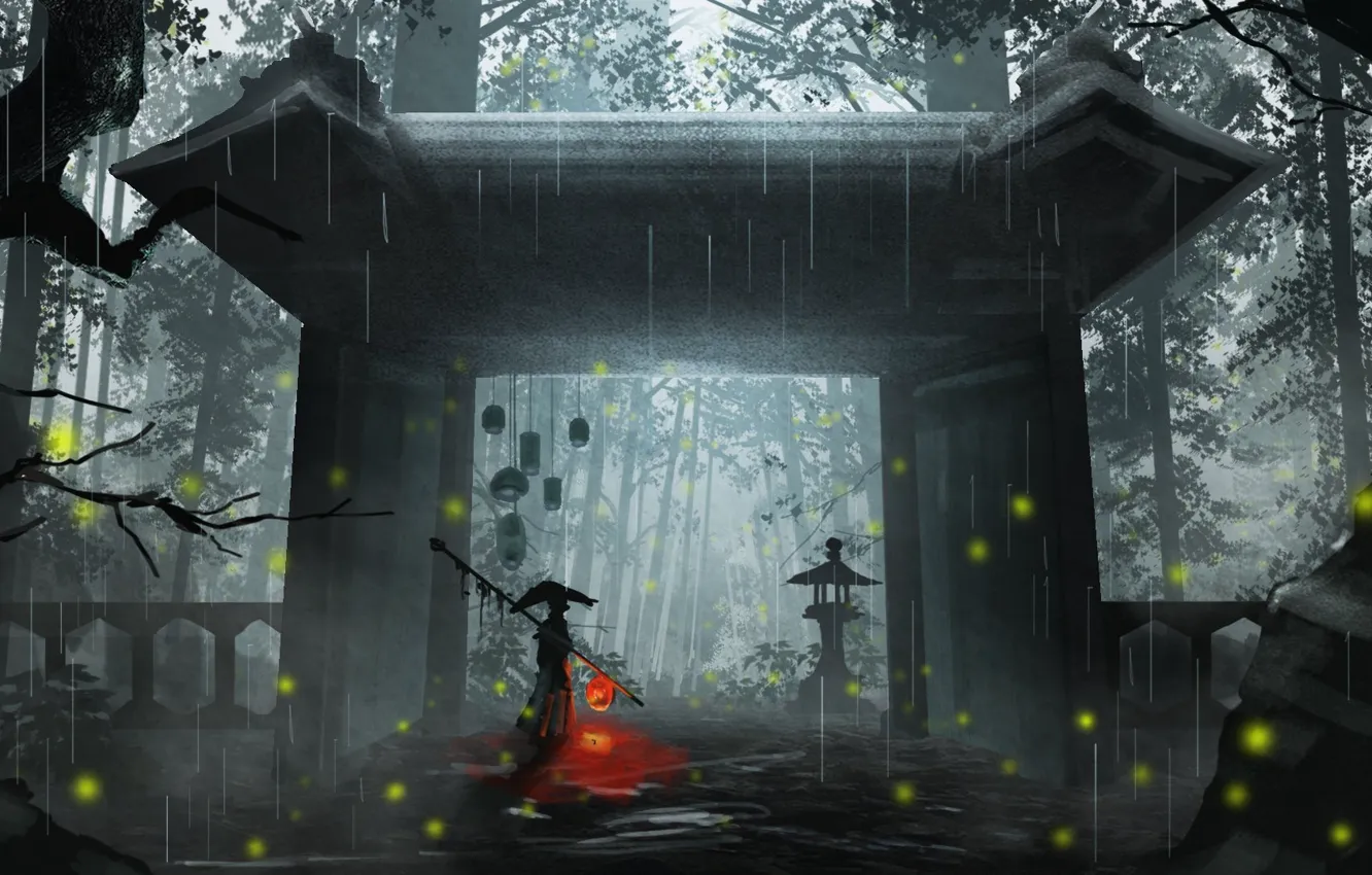 Фото обои природа, светлячки, дождь, храм, мужчина, врата