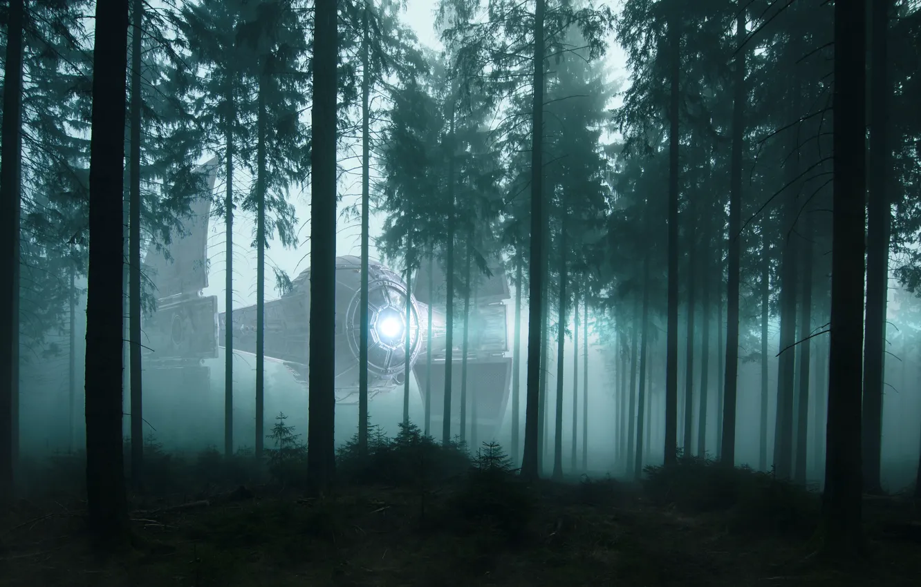 Фото обои лес, свет, деревья, ночь, туман, фантастика, корабль, НЛО