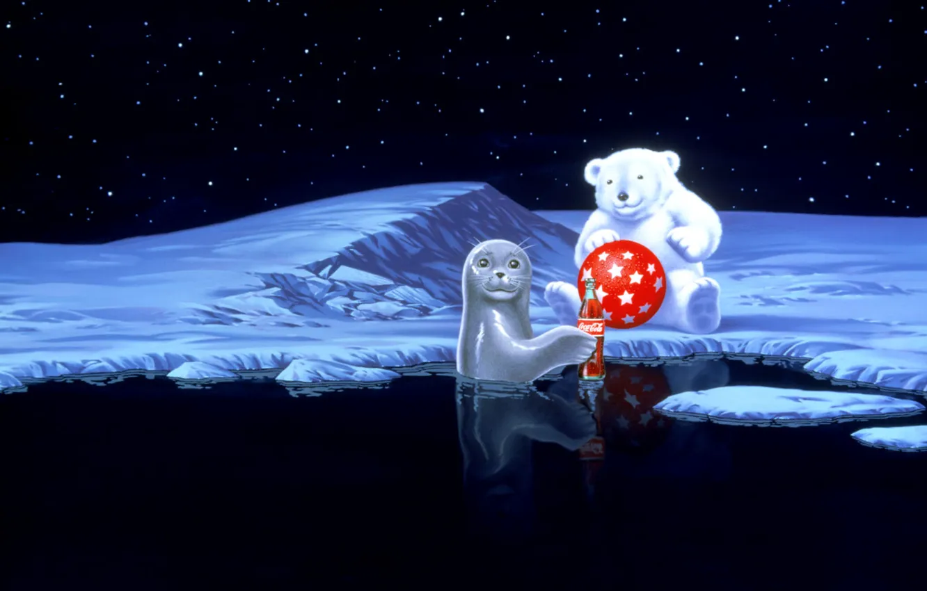 Фото обои вода, звезды, снег, красный, мяч, тюлень, мишка, coca-cola