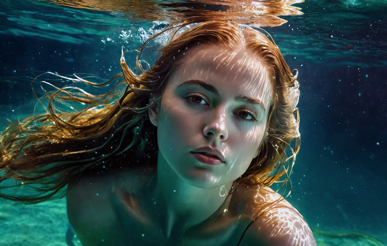 Фото обои взгляд, вода, девушка, лицо, поза, портрет, купание, рыжеволосая