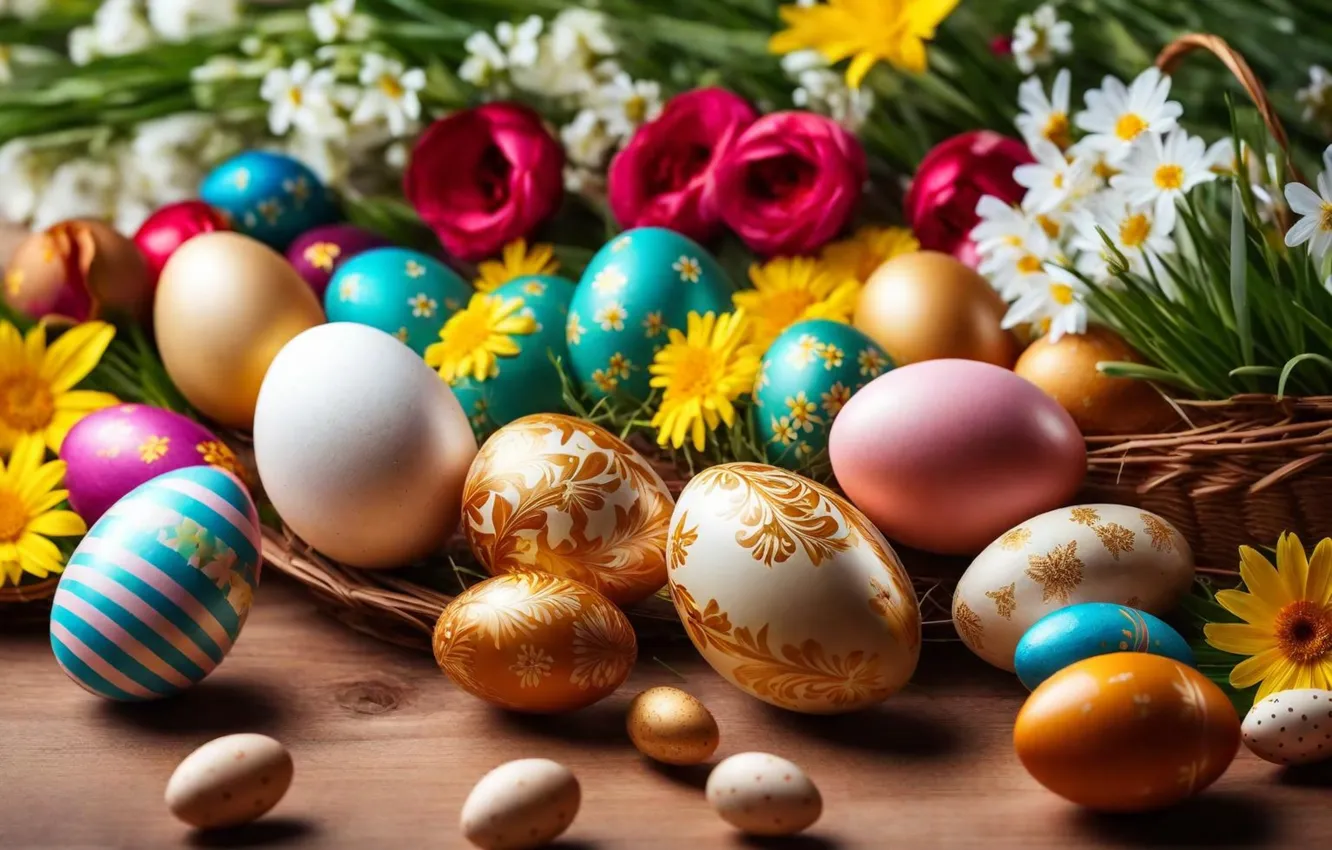Фото обои цветы, яйца, весна, colorful, Пасха, happy, flowers, spring