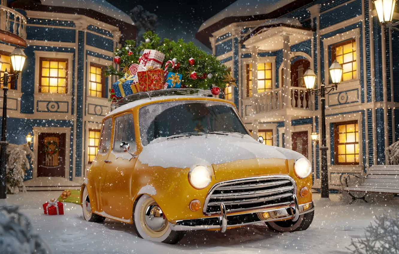 Фото обои зима, авто, снег, снежинки, желтый, абстракция, ретро, фон