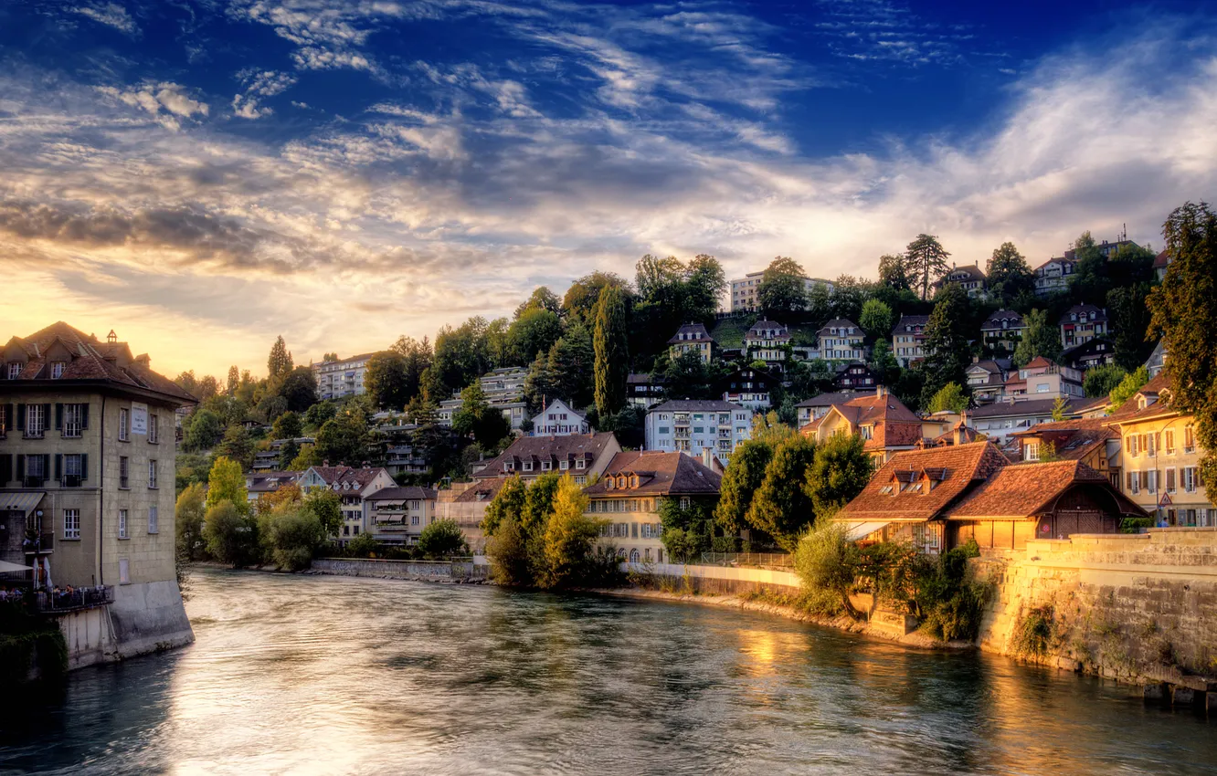 Фото обои небо, город, река, Швейцария, Берн