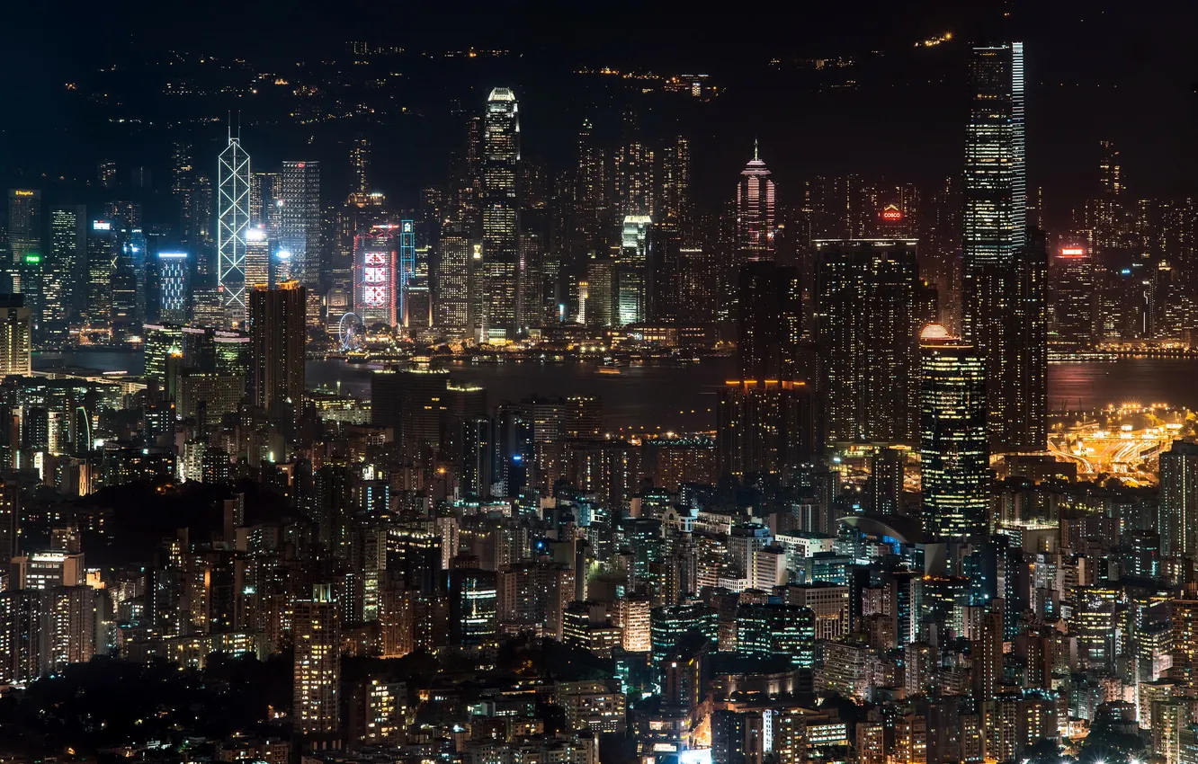 Фото обои ночь, город, Hong Kong