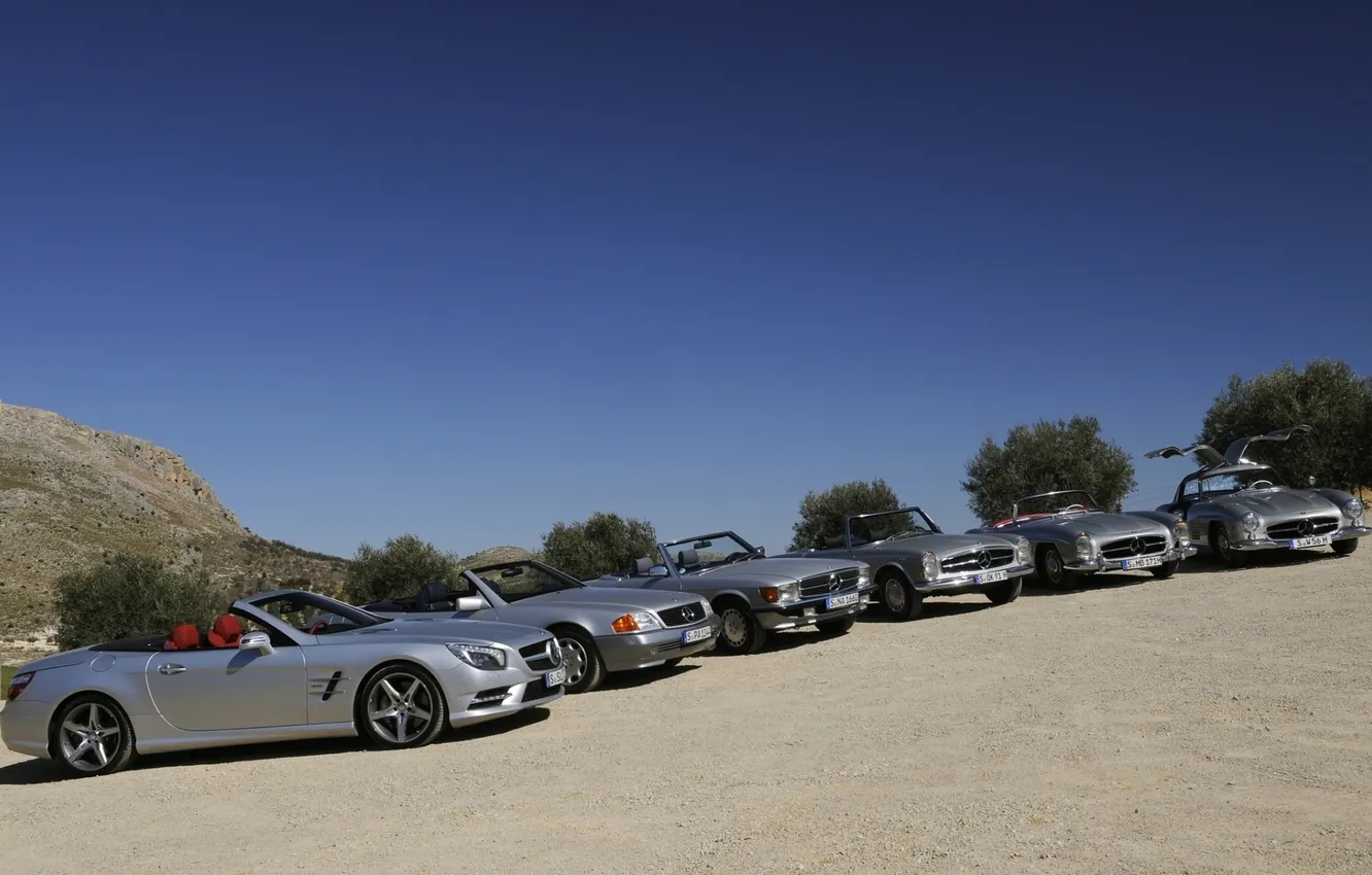 Фото обои небо, Mercedes-Benz, Мерседес, SL-Klasse, разные поколения, СЛ-класс