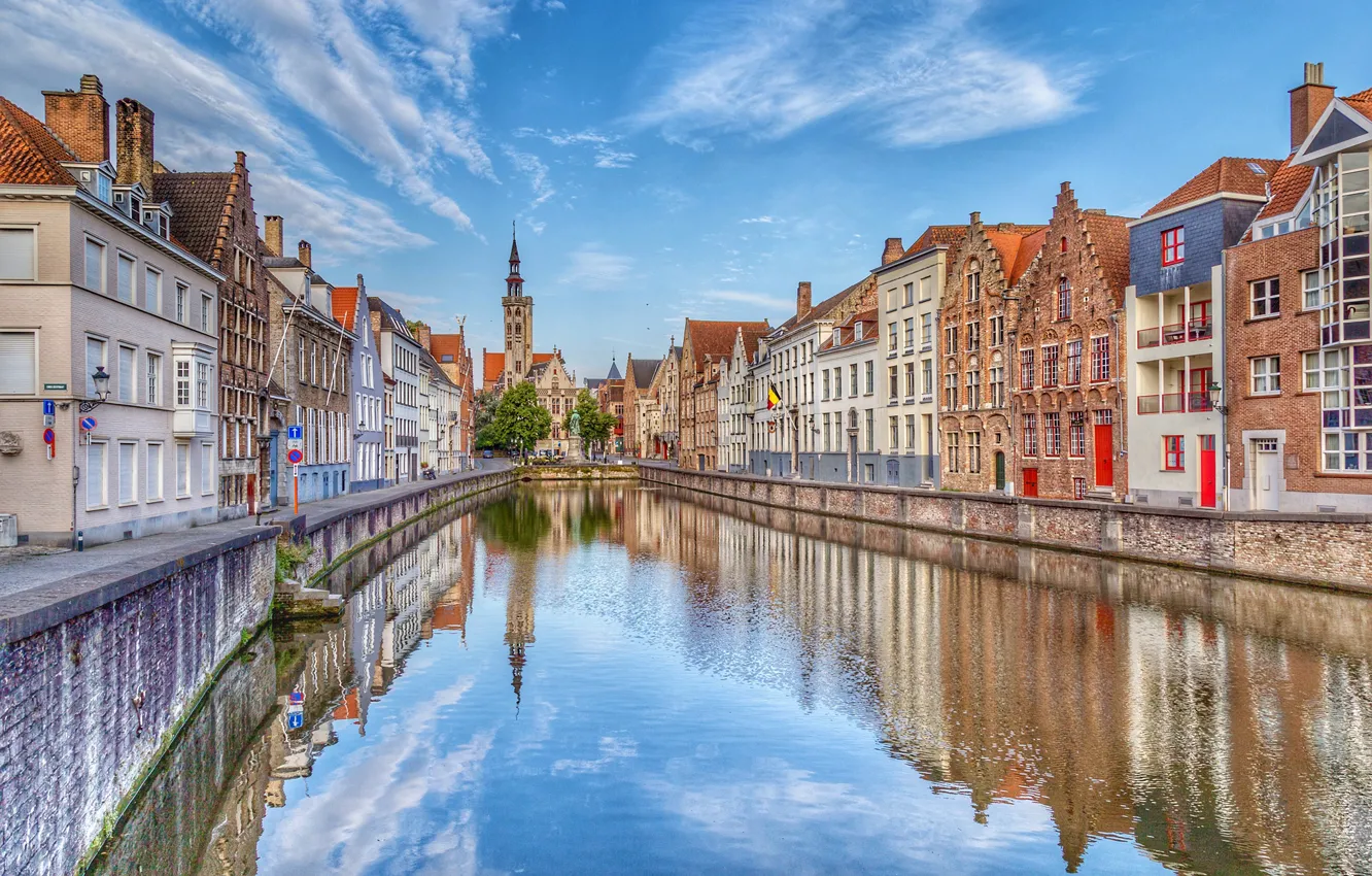 Фото обои небо, улица, Бельгия, водный канал, Bruges