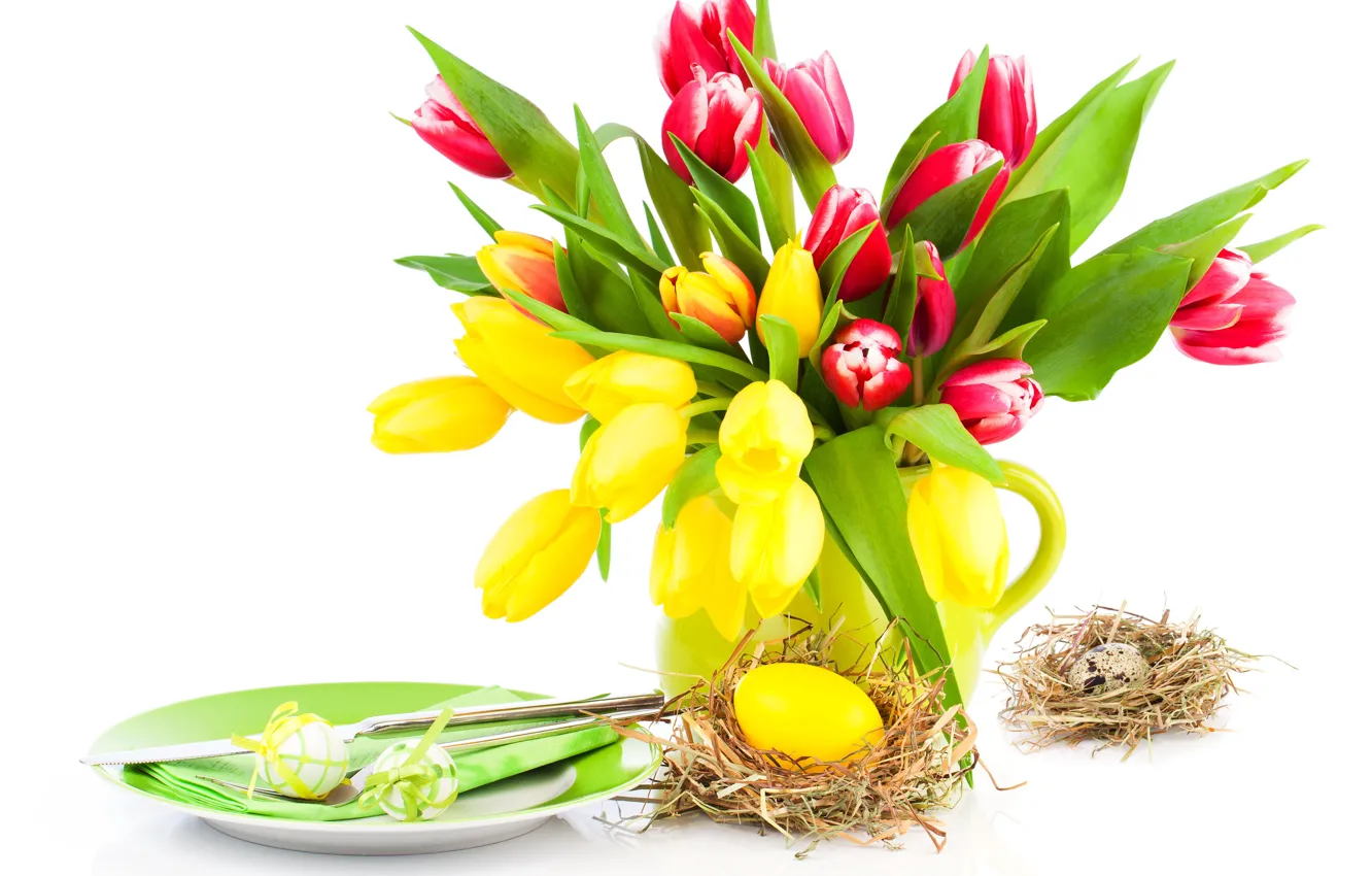 Фото обои желтый, яйца, весна, тарелка, Пасха, тюльпаны, розовые, Easter