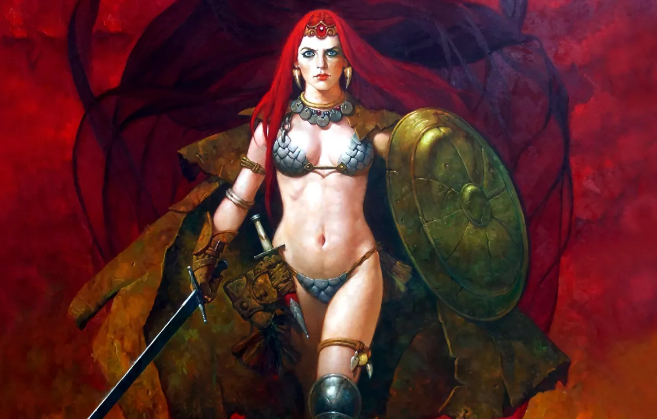 Фото обои girl, sword, sexy, legs, boobs, comics, belly, shield