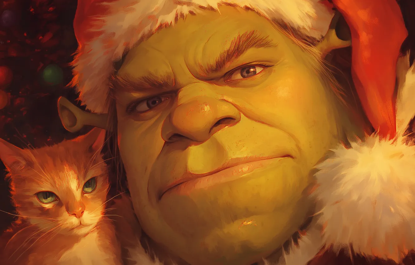 Фото обои Шрек, новый год, christmas, art, look, Кот в сапогах, Puss in Boots, Shrek