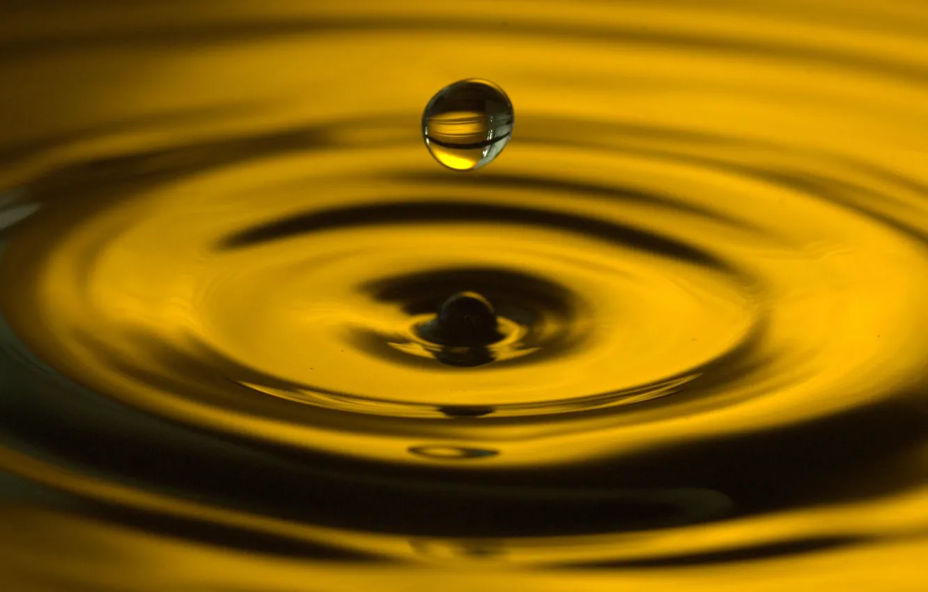 Фото обои вода, круги, капля, всплеск, yellow, drop, water, macro