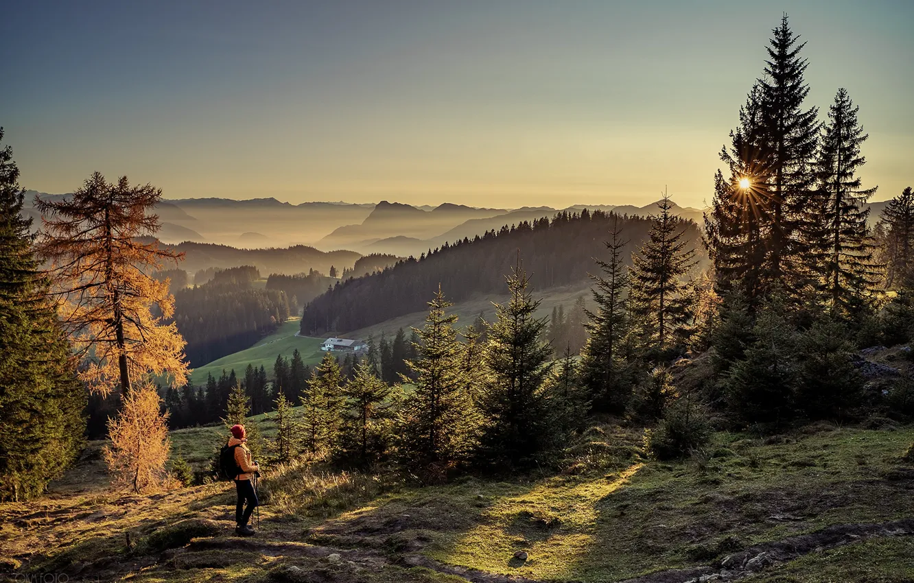 Фото обои осень, солнце, лучи, пейзаж, горы, природа, туман, Альпы