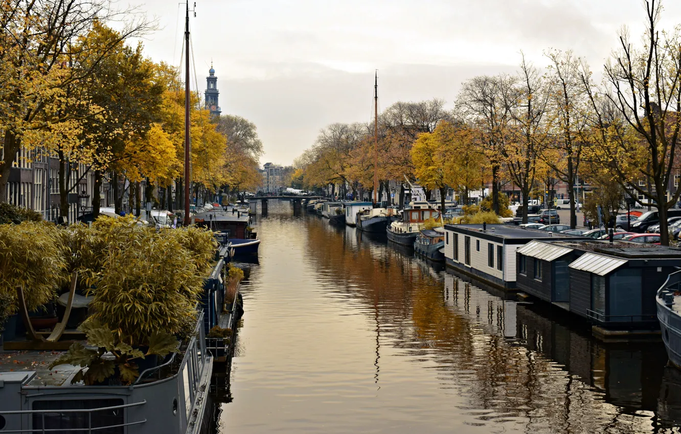 Фото обои city, river, sky, autumn, ship, canal