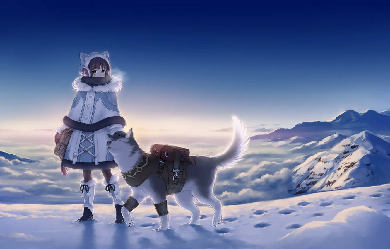 Фото обои холод, зима, небо, девушка, снег, закат, горы, собака