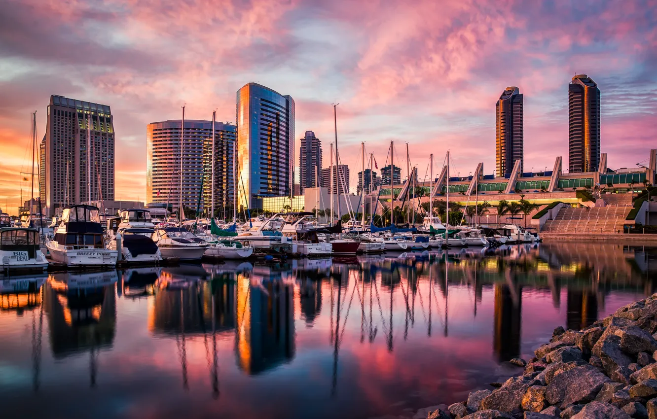 Фото обои закат, здания, лодки, Калифорния, США, California, San Diego, Сан-Диего
