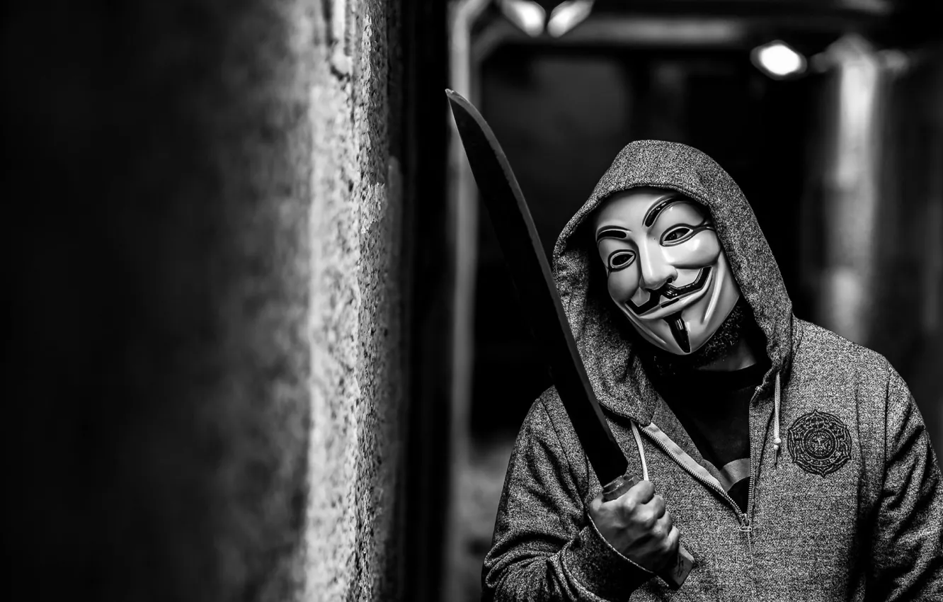 Фото обои monochrome, anonymous, mask, knife