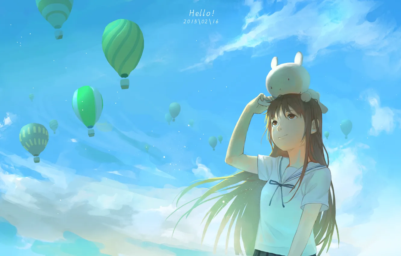 Фото обои небо, девушка, облака, улыбка, воздушные шары, аниме, арт, exe336