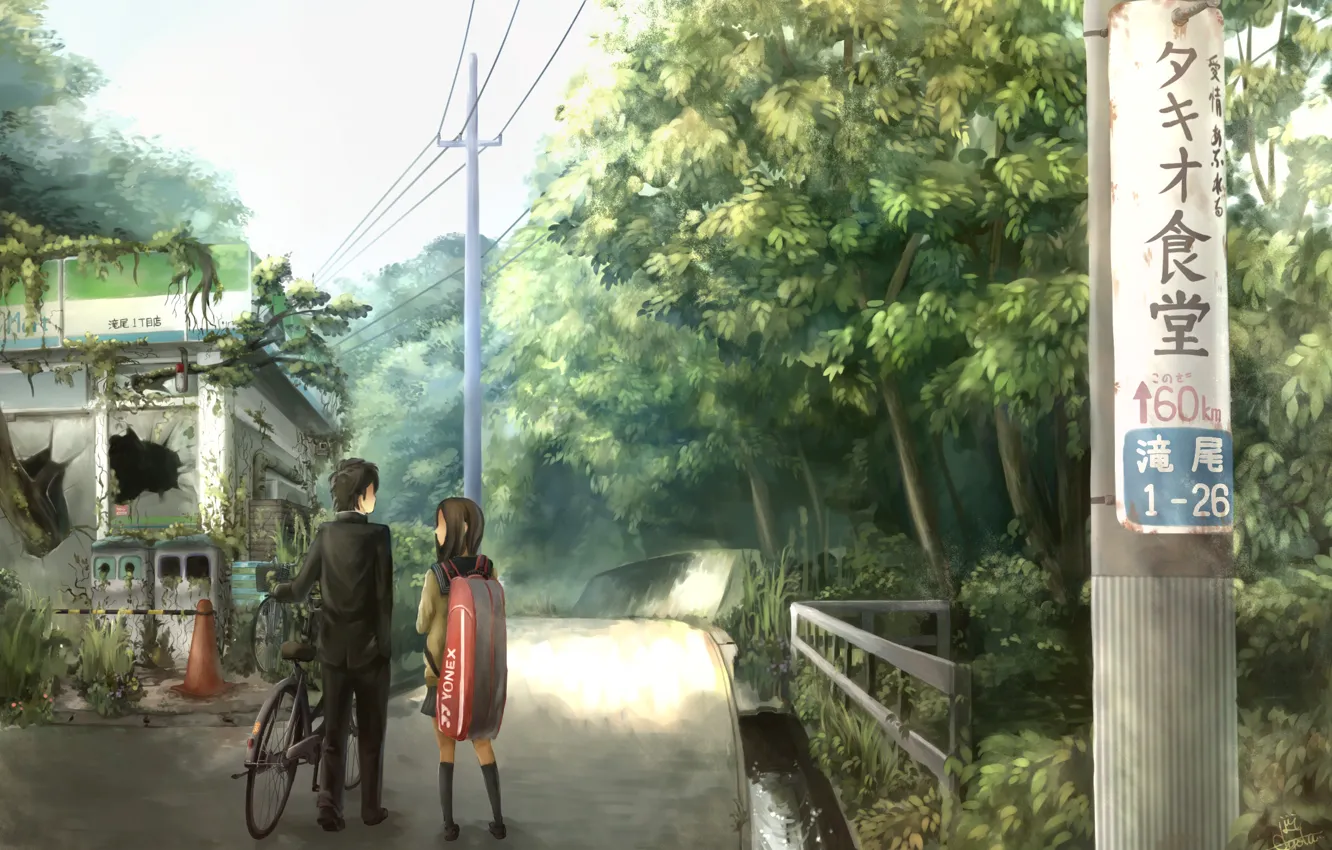 Фото обои дорога, япония, силуэт, развалины, иероглифы, школьники, Bicycle silhouette