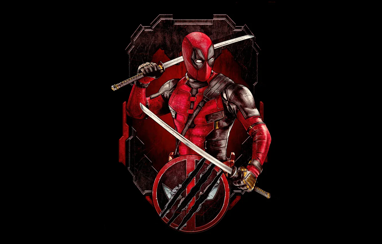 Фото обои арт, костюм, черный фон, мечи, постер, Deadpool, Дэдпул, комикс