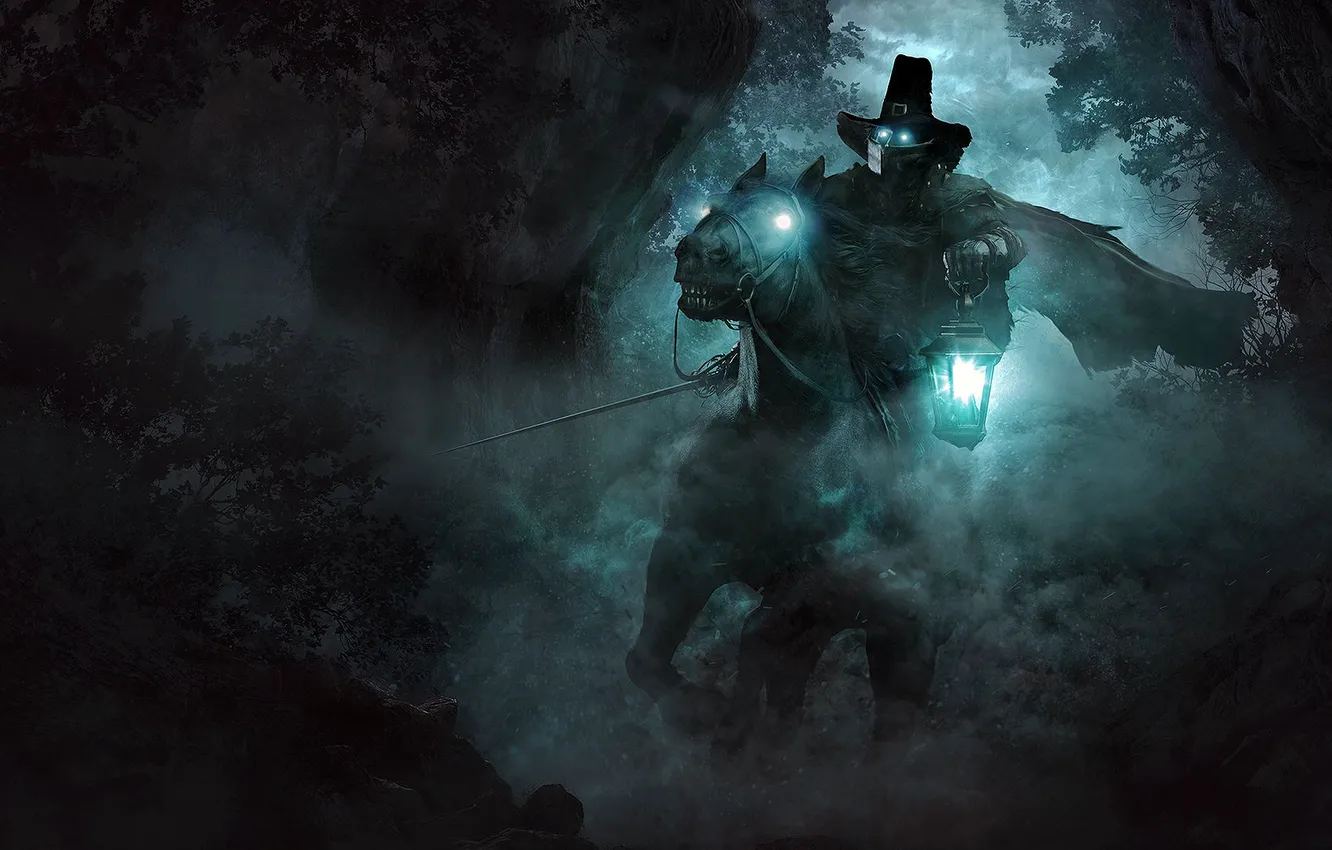Фото обои dark, sword, fantasy, forest, ghost, hat, night, rider