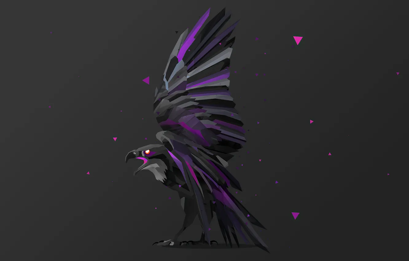 Фото обои птица, ворон, bird, raven, темно-серый фон, computer art, взмах крыльев, fractal art
