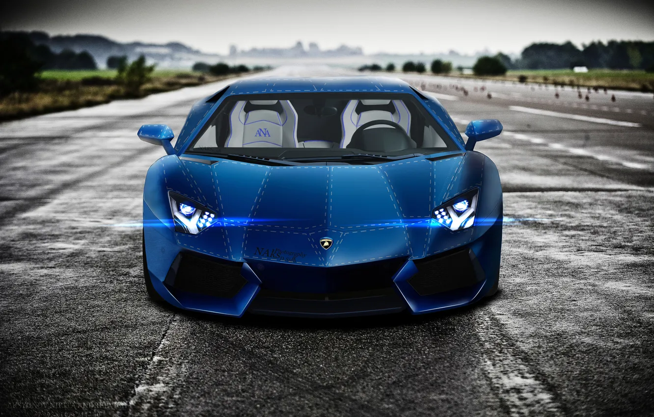 Фото обои синий, Lamborghini, blue, front, LP700-4, Aventador, LB834, взлётно-посадочная полоса
