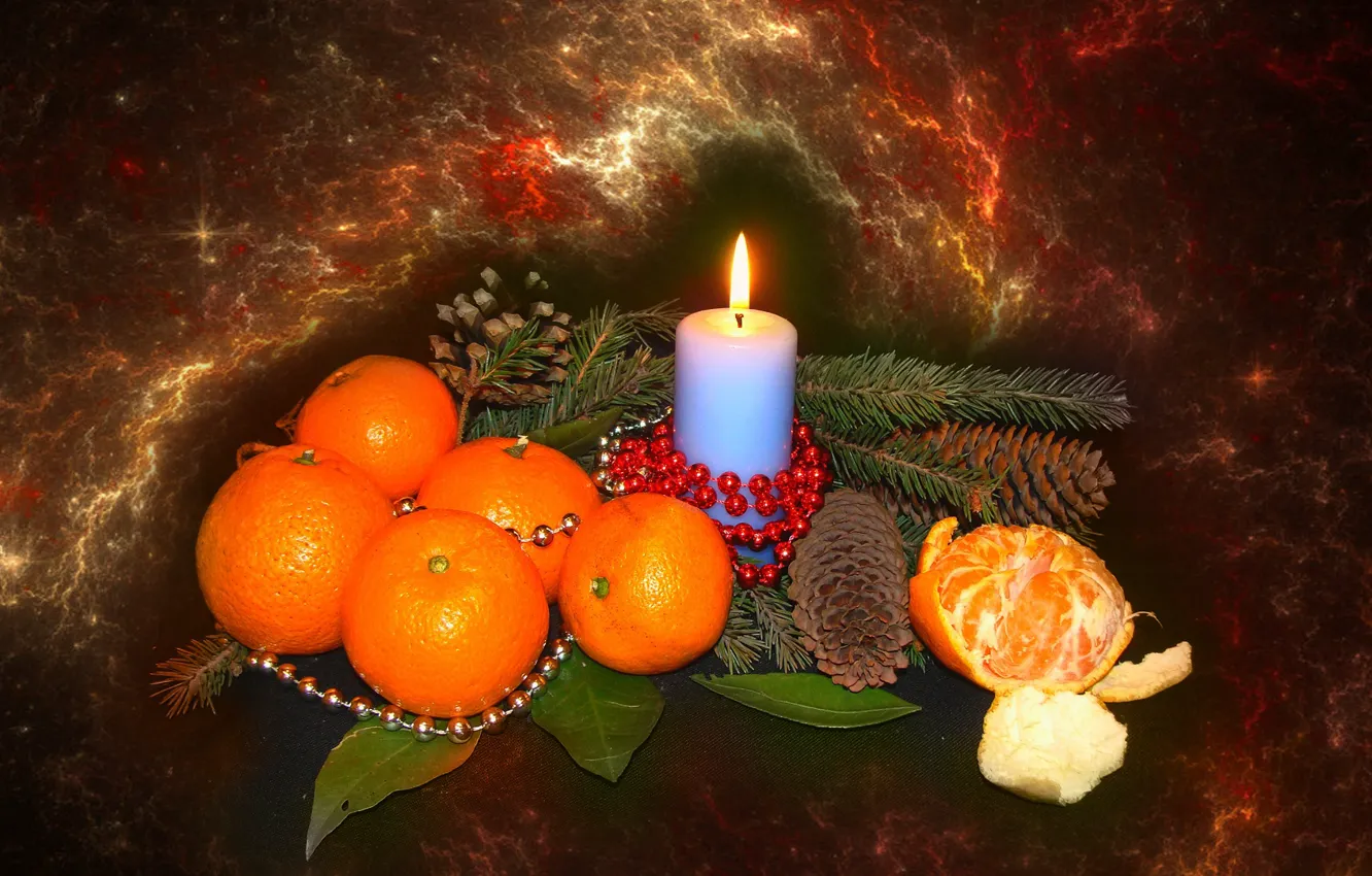 Фото обои настроение, свеча, ель, мандарины, авторское фото Елена Аникина, новогодний натюрморт