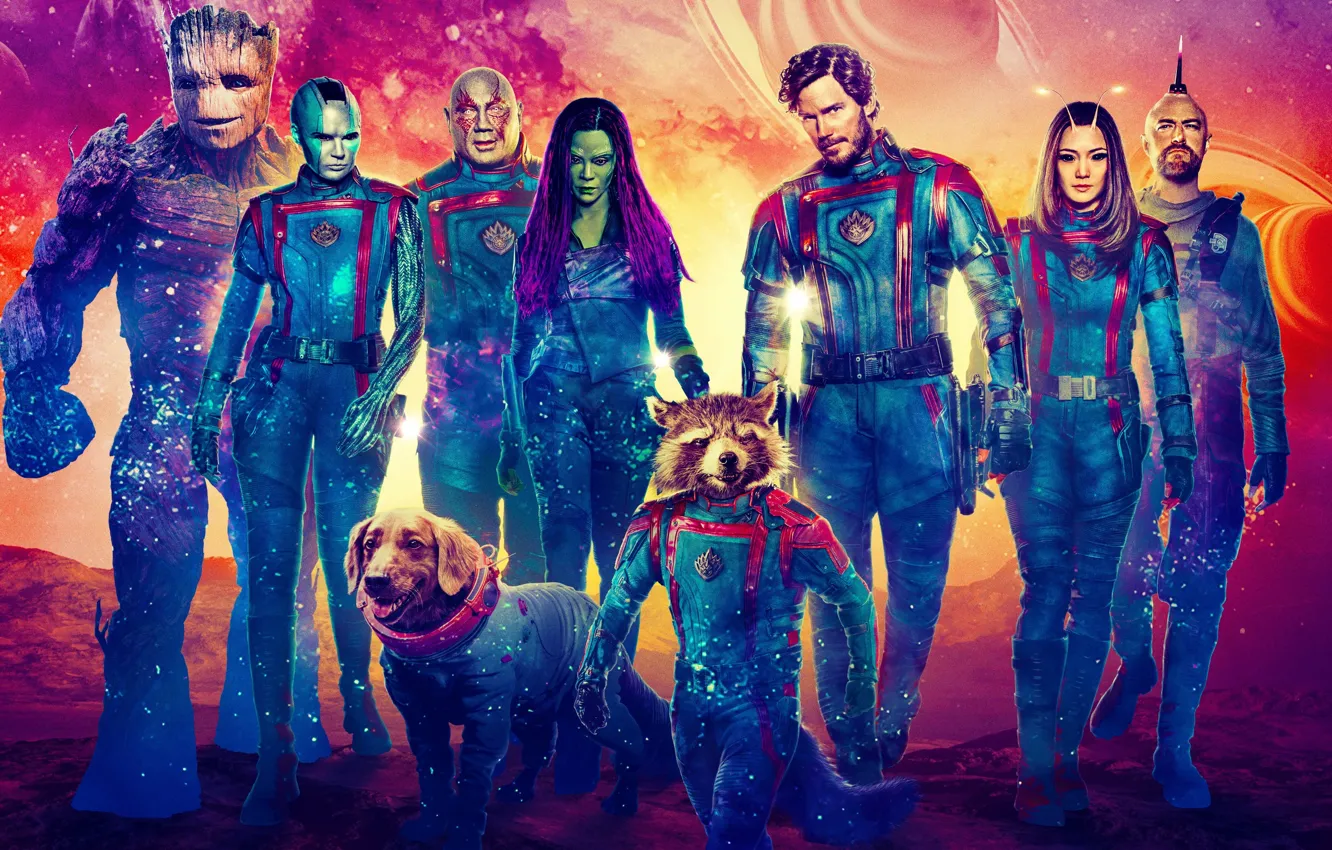 Фото обои собака, Брэдли Купер, Вин Дизель, Зои Салдана, Nebula, Rocket, Mantis, Карен Гиллан
